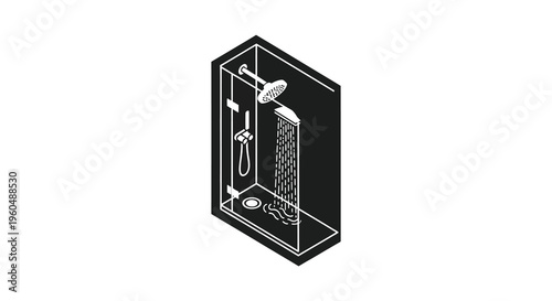 An isometric illustration of a modern shower cabin with multiple fixtures presented as a striking silhouette high quality