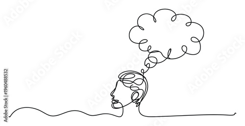 Minimalist continuous line drawing depicting a thoughtful human head with an emanating speech bubble representing ideas and communication suitable for psychology, business, and educational
