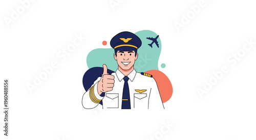 Confident airline pilot in white uniform and cap gives thumbs up with a smile as an airplane flies in the background.