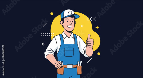 Cheerful handyman in blue overalls and tool belt gives thumbs up against creative dark background with stars.