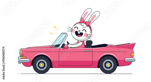 Joyful white rabbit with pink bow drives a pink convertible car and smiles broadly on white background.