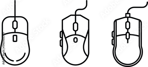 Vector collection of computer mouse icons showing ergonomic design, gaming mouse styles, side buttons, scroll wheel, technology, hardware illustration