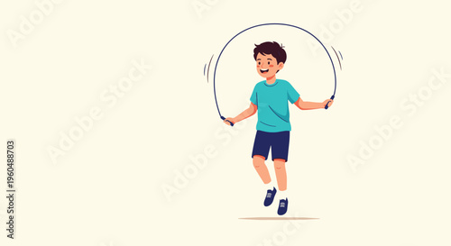 Active young boy in blue shirt and shorts jumps and skips rope with a happy expression on white background.