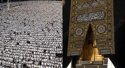 Title: Two Views of Friday Prayer in an Islamic Mosque Courtyard: Worshippers in White Robes Performing Salah Under Ornate Islamic Wall Art and Lights, Evening Religious Scene