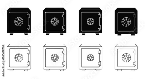Set of safe icons in black and white displaying different styles