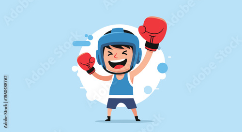 Young boy boxer wearing blue headgear and red gloves celebrates his victory with a big smile and raised arms in a sports illustration.