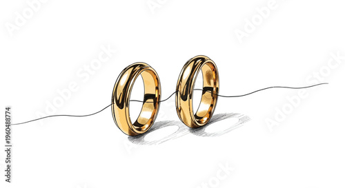 Two Gold Wedding Rings Connected by a Thin Line on White Background