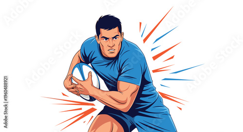 Athletic rugby player in a blue uniform running with determination while clutching the ball tightly amidst abstract orange and blue streaks.