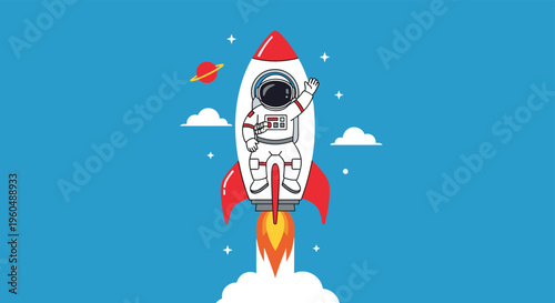 Cute astronaut waving from a white rocket ship launching into space with planets stars and clouds against a bright blue sky background.