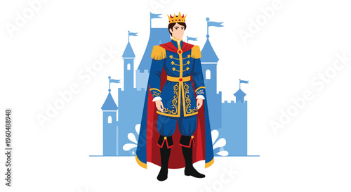 Noble king wearing a royal blue uniform with a crown and a long red cape stands in front of a blue castle silhouette on a white background.