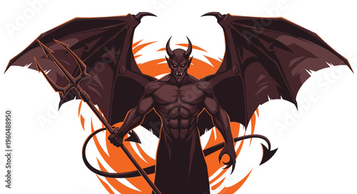 Muscular red devil with large bat-like wings and a long tail holds a sharp pitchfork against an orange sun background in a fantasy scene.