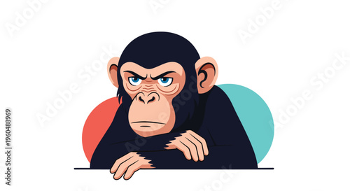 Serious chimpanzee with deep blue eyes and black fur leaning forward with crossed arms against a background of red and teal circles.