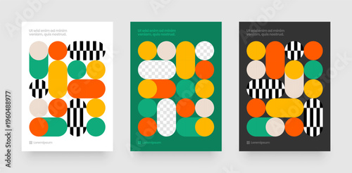 Layout with mosaic circles. Abstract bauhaus with geometric shapes. Template for flyer, poster or cover. 