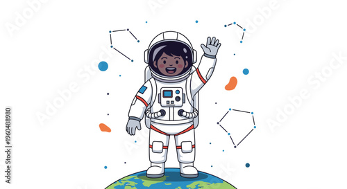 Happy young astronaut in a white space suit waving a hand while standing on top of planet Earth surrounded by stars and constellations.
