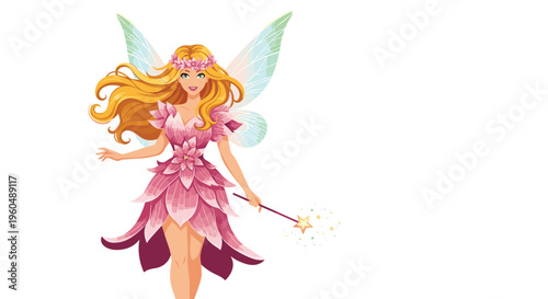 Beautiful blonde flower fairy with pink petals as a dress and delicate wings holds a magic wand against a clean white background.