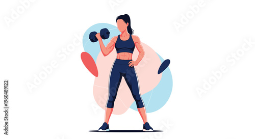 Strong woman in black workout gear lifting a heavy dumbbell during a fitness session against a background of soft colored shapes.