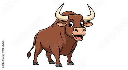 Powerful brown bull with large white horns standing confidently and looking forward against a clean white background in a farm scene.