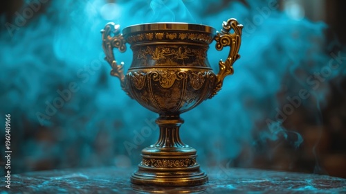 Golden trophy winner cup on smoky aquamarine background
