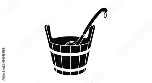 A minimalist illustration depicts a wooden bucket and ladle presented as a striking black silhouette high quality professional