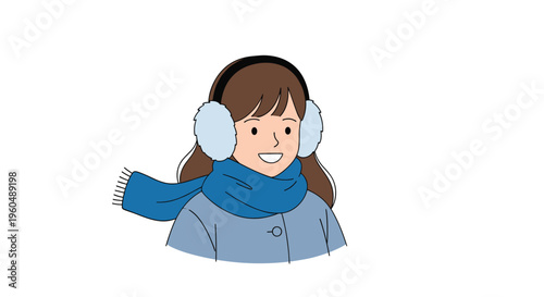 Happy young girl wearing white earmuffs and a blue scarf smiling during a cold winter day against a clean white background scene.
