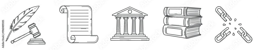 Obraz premium Legal justice system symbols featuring a judge gavel with a quill pen, ancient scroll document, courthouse building, stack of law books, and a broken chain for legal and human rights themes.