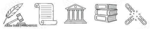 Legal justice system symbols featuring a judge gavel with a quill pen, ancient scroll document, courthouse building, stack of law books, and a broken chain for legal and human rights themes.