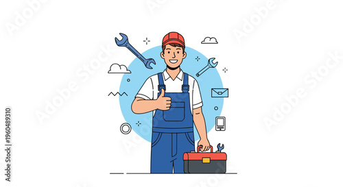 Friendly male mechanic wearing blue overalls and a red cap gives a thumbs up while holding a toolbox against an abstract blue background.
