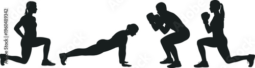 Fitness workout silhouettes set, people doing lunges push ups and squats, strength training exercises, healthy lifestyle, gym training concept illustration