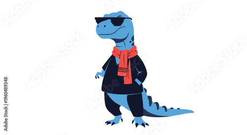 Cool blue Tyrannosaurus Rex wearing black sunglasses and a red scarf standing in a relaxed pose against a plain white background illustration.