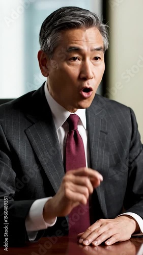 Mature businessman in a suit speaking during a meeting