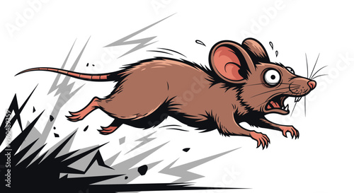 Scared brown mouse running away fast with a terrified expression while dodging debris on a white background in an action-packed scene.