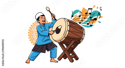 Happy boy in traditional blue Muslim attire plays a large wooden drum known as a bedug with musical notes in the background.