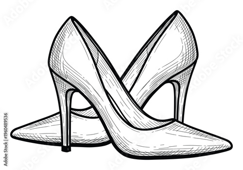Elegant pair of womens high heel stiletto pumps depicted in a stylish hand drawn sketch engraving style perfect for apparel promotions or footwear brand advertisements