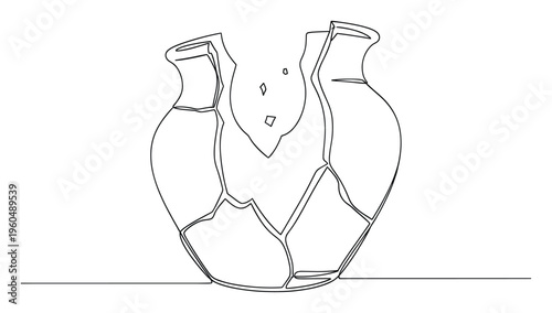 Continuous line drawing of a broken ceramic vase subtly repaired, symbolizing resilience and the beauty of imperfections for inspirational and minimalist themes.