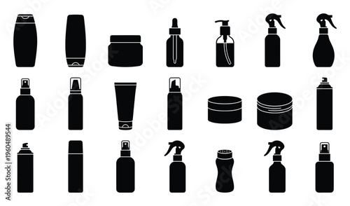 Diverse collection of essential cosmetic and personal care product packaging silhouettes perfect for healthcare industry branding, professional packaging design, and retail merchandising