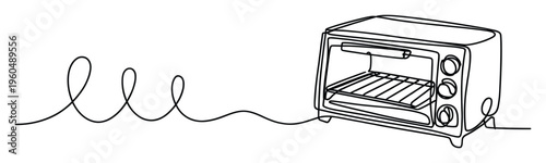 Continuous line drawing of a modern toaster oven with an interior rack, perfect for culinary blog graphics, kitchen appliance promotions, or simple food preparation guides.