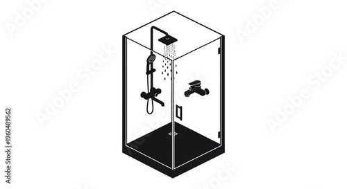 A minimalist black and white illustration of a modern shower enclosure with fixtures presented as a silhouette