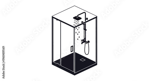 A minimalist line drawing depicts a modern shower enclosure with visible plumbing a showerhead and a silhouette