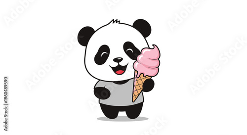 Happy panda bear wearing a grey t-shirt enjoys a delicious pink strawberry ice cream cone in a cute and colorful cartoon style.