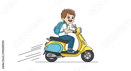 Cheerful boy with a blue backpack rides a bright yellow and turquoise motor scooter at high speed on a flat white background.