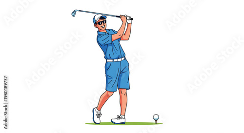 Smiling man in a blue shirt and shorts completes a golf swing while wearing sunglasses on a sunny day at the golf course.