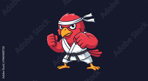 Fierce red bird wearing a white karate uniform and black belt stands in a defensive martial arts pose on a dark background.