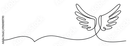 Continuous one line drawing of graceful angel wings symbolizing freedom and spirituality, perfect for inspirational and ethereal graphic design projects.