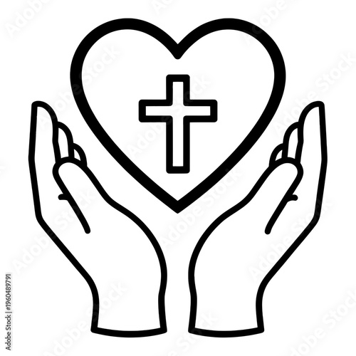 Heart with Cross in Hands Line Icon