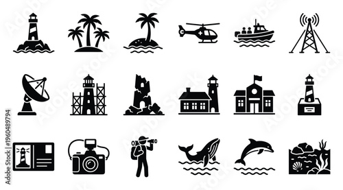 A comprehensive collection of navigation, tourism, and marine travel related glyph icons suitable for web graphics, educational materials, and coastal adventure presentations