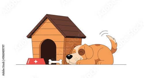 Content brown and white dog sleeps peacefully next to its wooden doghouse with a bowl and bone nearby on the floor.
