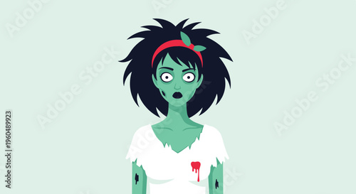 Spooky zombie girl with green skin and messy black hair stares blankly with wide eyes in a creepy Halloween illustration.