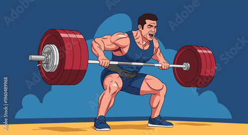 Muscular bodybuilder in a blue singlet exerts great effort while lifting a heavy barbell with red weights in a gym.