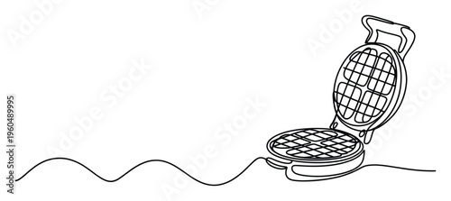 Continuous line drawing of an open waffle maker for breakfast preparations, perfect for food blogs, cooking websites, and home kitchen graphics