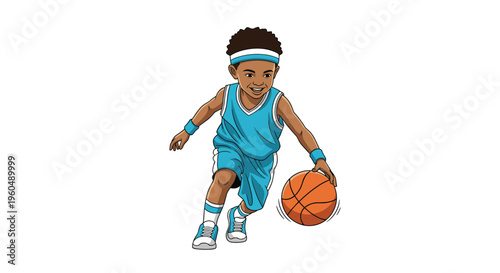Young boy in a blue basketball uniform dribbles the ball with focus and determination on a plain white background.